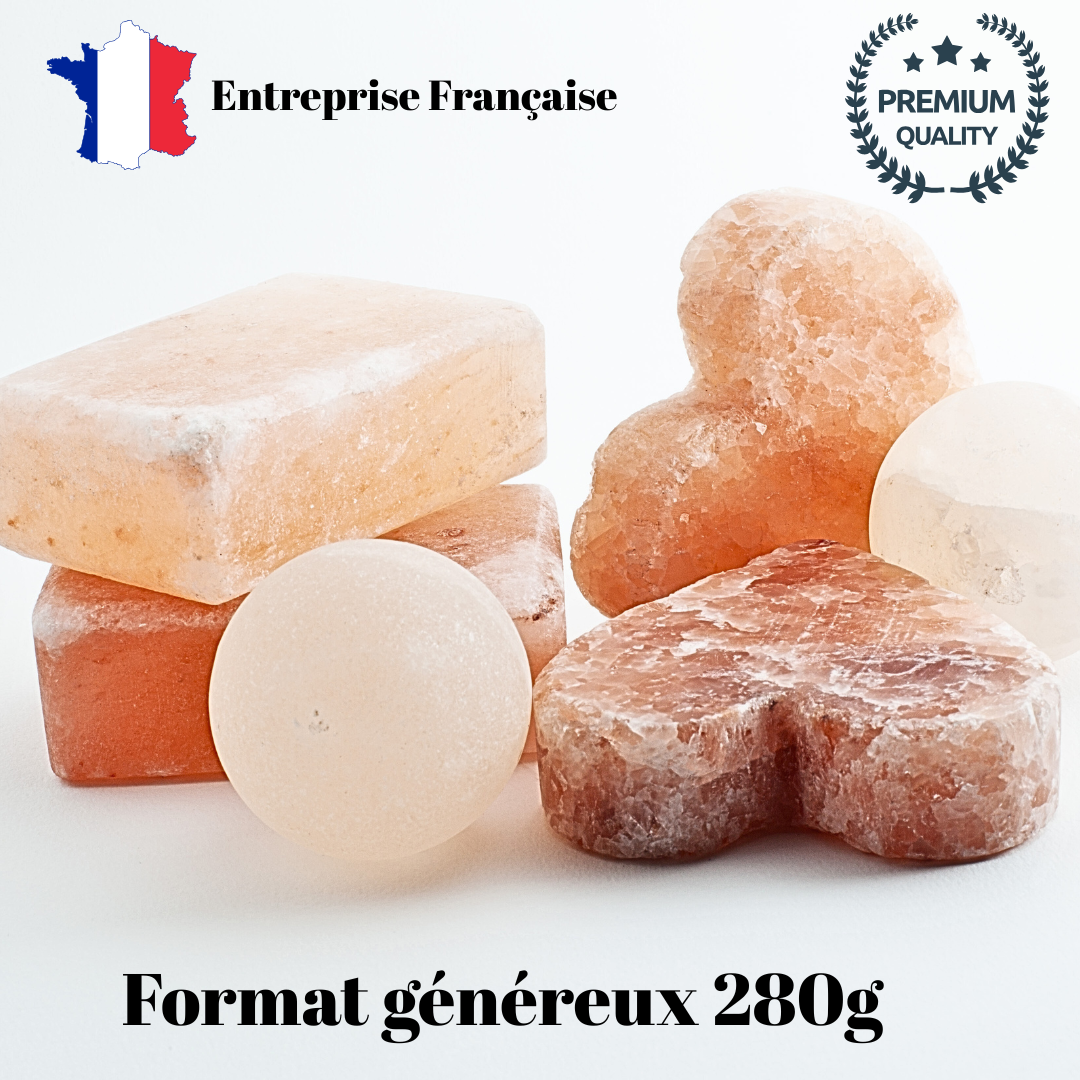 Natural pink Himalayan salt soaps in rectangular and heart shapes with premium quality and French origin labels