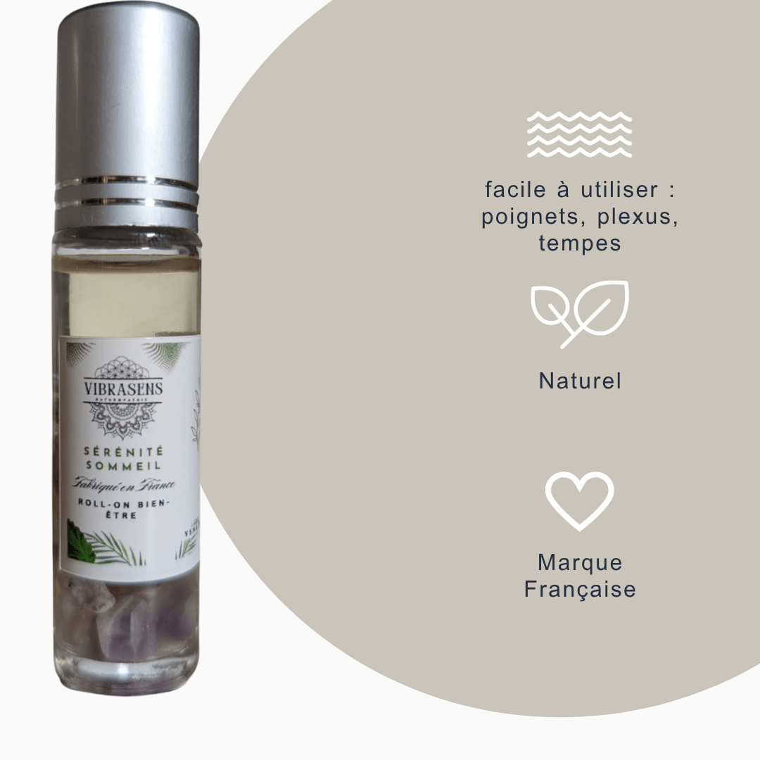 Roll-on Sérénité & Sommeil – Fleurs de Bach, Huiles essentielles bio, Améthyste – 10 ml - Vibrasens Naturopathie