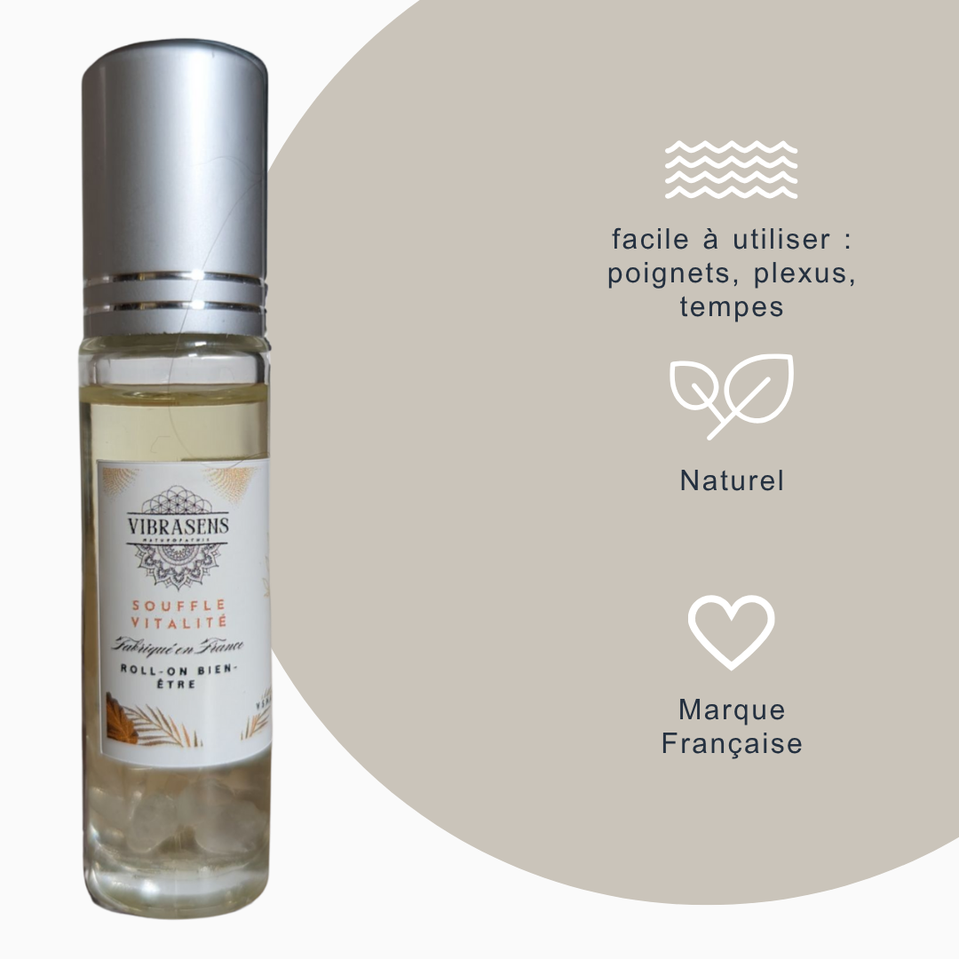 Roll-on Souffle & Vitalité – Fleurs de Bach, Huiles essentielles bio, Cristal de citrine – 10 ml