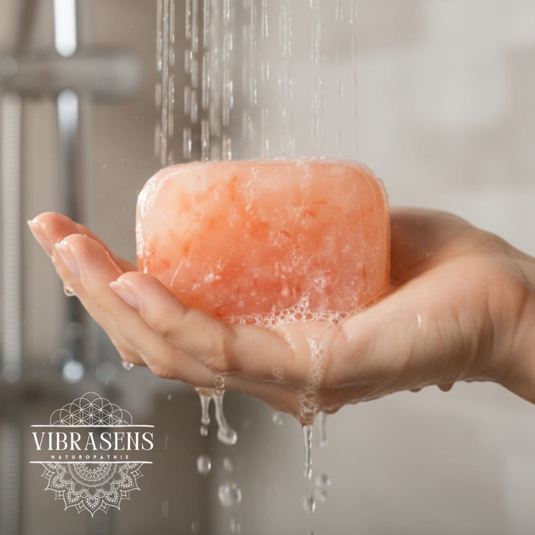 Hand holding a pink Himalayan salt soap bar under running water in a shower setting