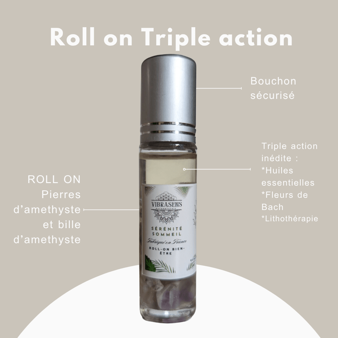 Roll-on Sérénité & Sommeil – Fleurs de Bach, Huiles essentielles bio, Améthyste – 10 ml - Vibrasens Naturopathie
