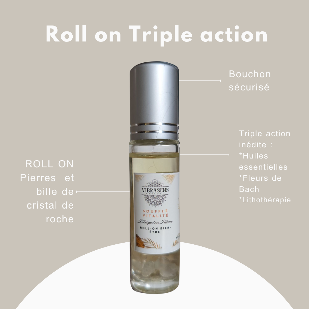 Roll-on Souffle & Vitalité – Fleurs de Bach, Huiles essentielles bio, Cristal de citrine – 10 ml