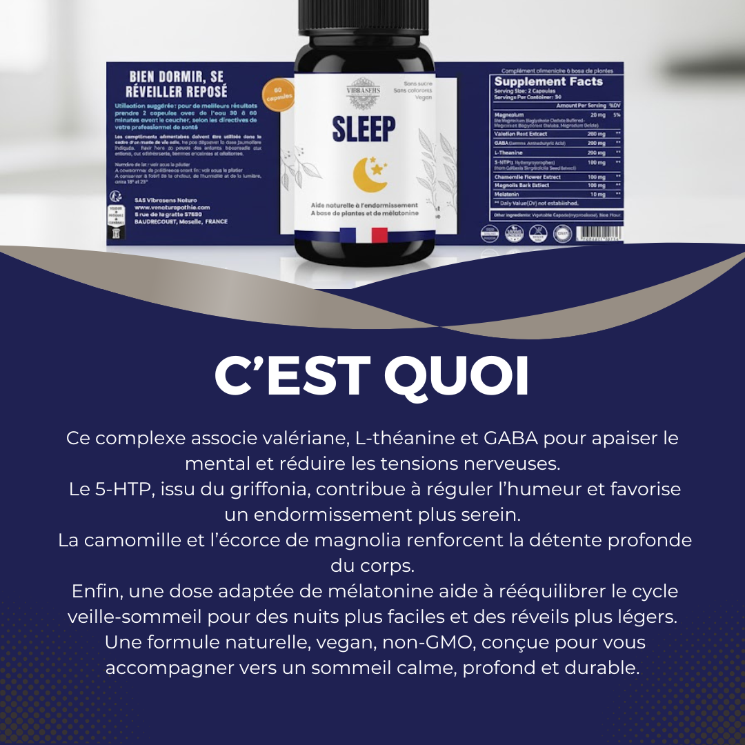 Vibrasens Sleep natural supplement bottle with label featuring ingredients and benefits for calm, restful sleep