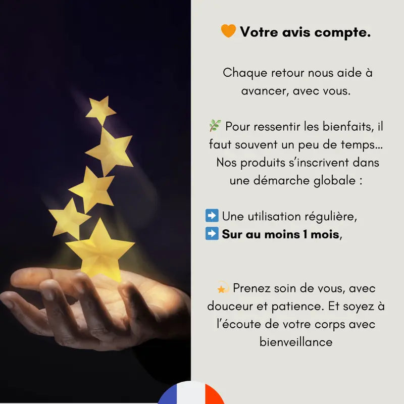 Hand releasing glowing golden stars symbolizing positive reviews and emotional well-being advice in French text
