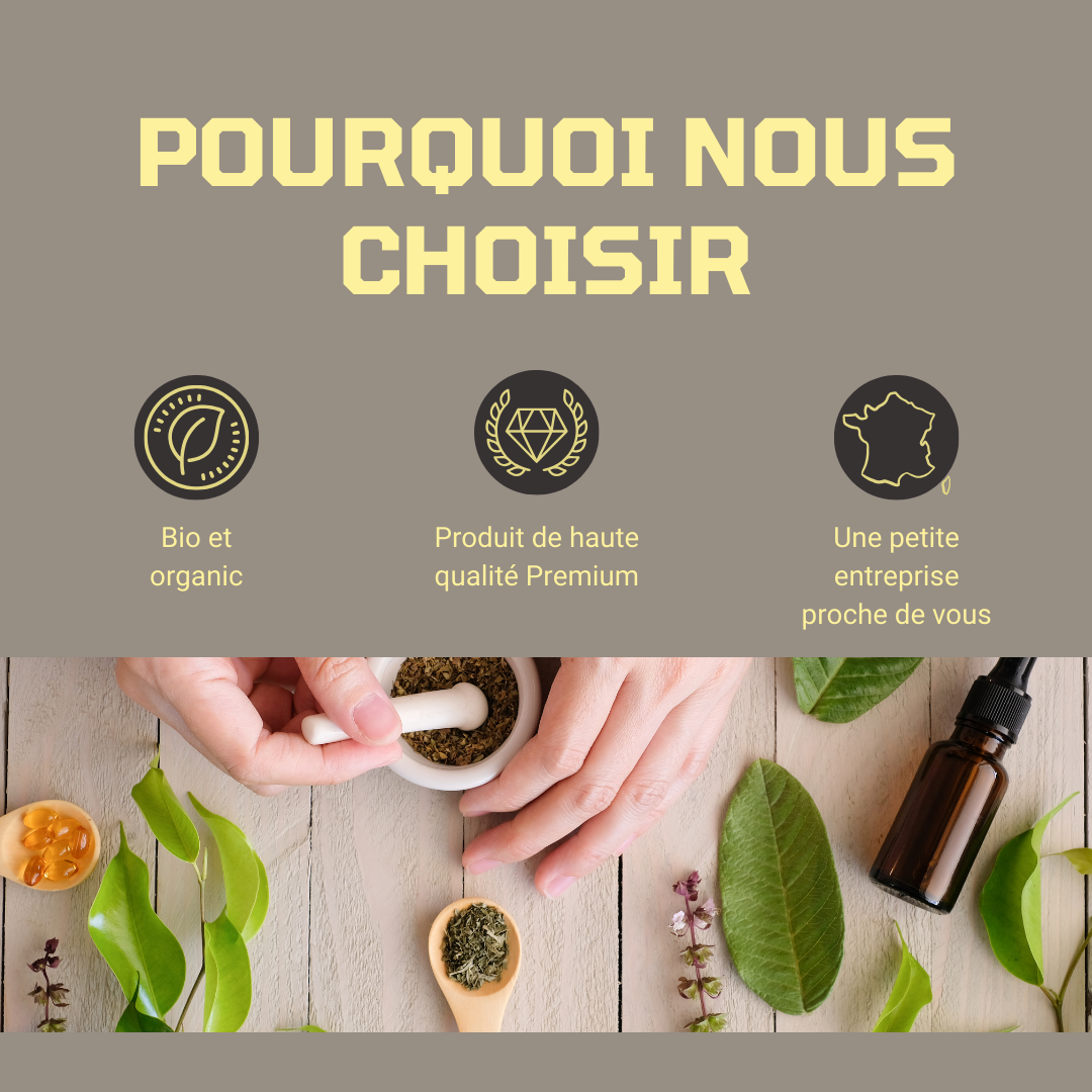 Pourquoi nous choisir text with icons for organic, premium quality products, and local small business, naturopathy herbs and dropper bottle
