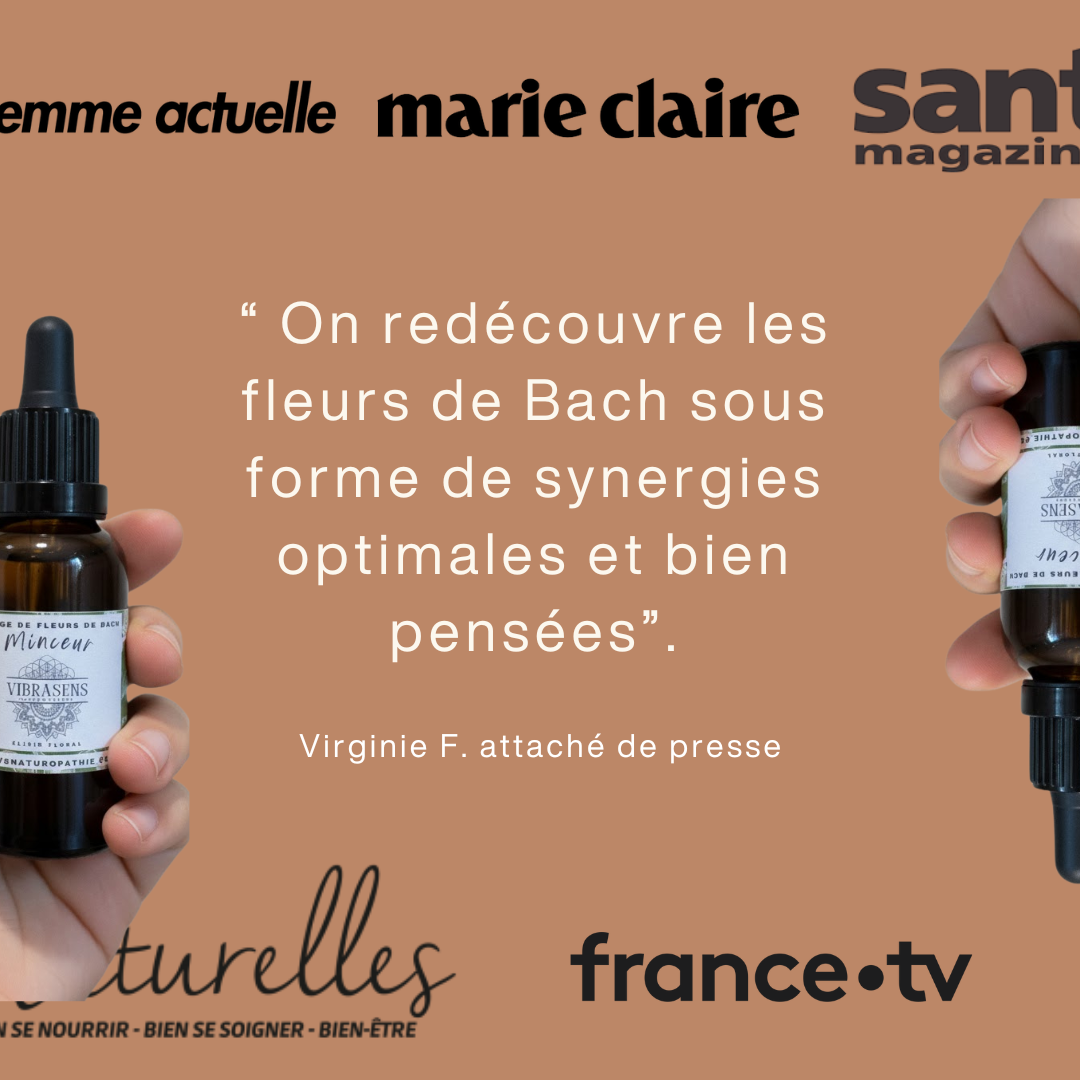 Hands holding Vibrasens Bach flower remedy bottles on brown background with French testimonial text and magazine logos