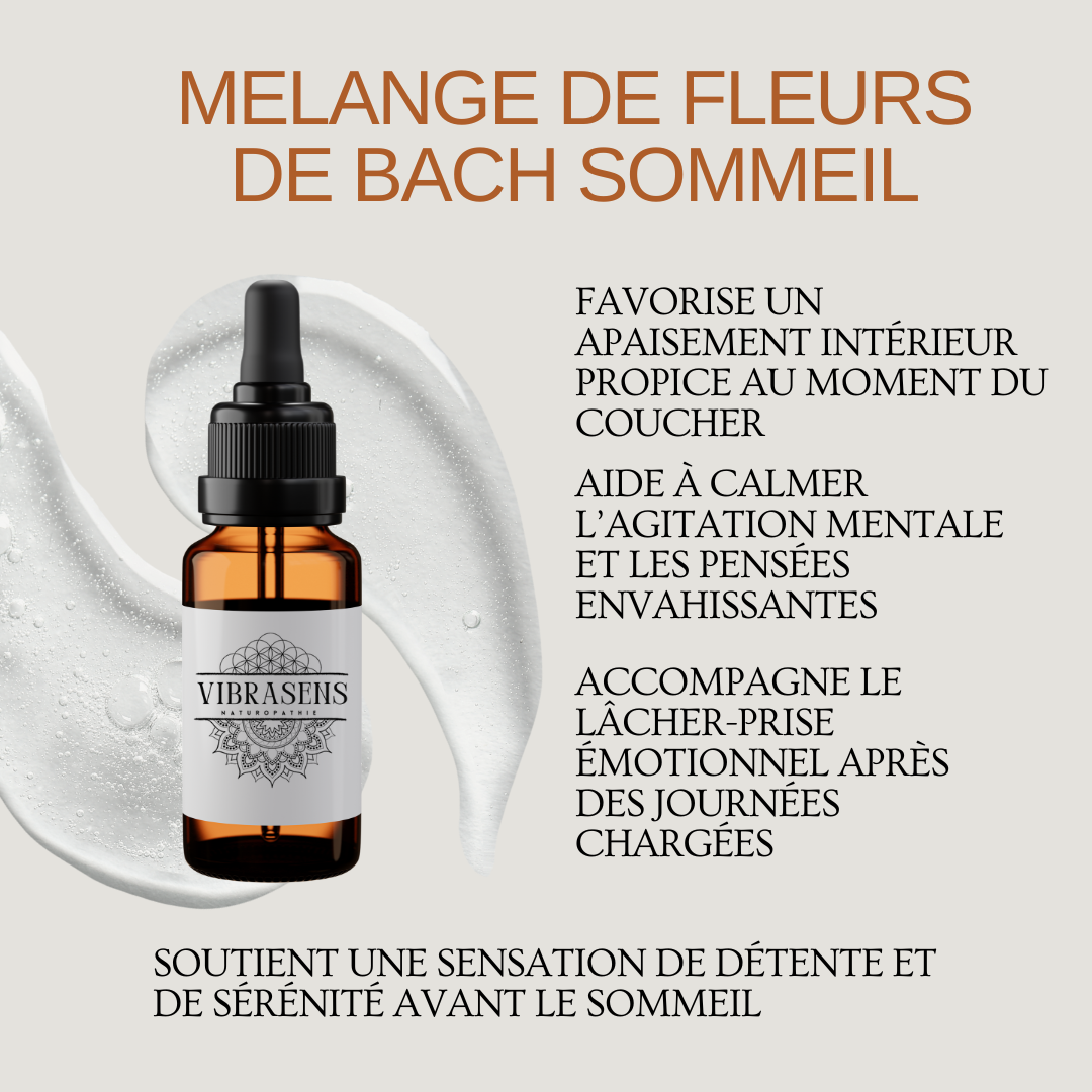 Amber dropper bottle labeled Vibrasens Naturopathie with Bach flower sleep blend benefits text in French