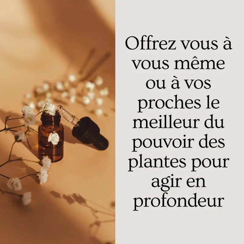 Amber glass dropper bottle with dried white flowers, promoting natural plant power for wellbeing