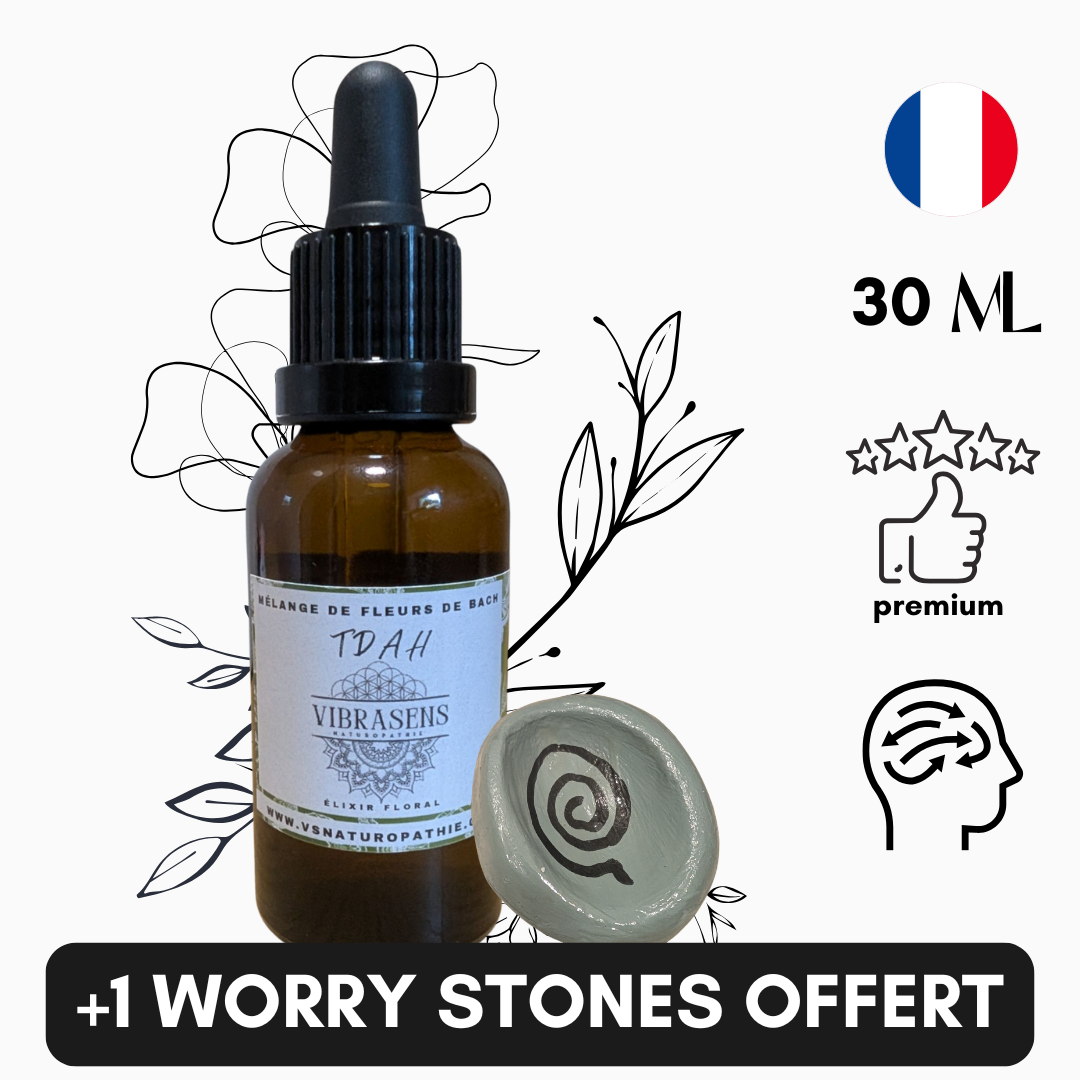 30ml Vibrasens Bach flower remedy for ADHD with worry stone and French flag, premium natural elixir