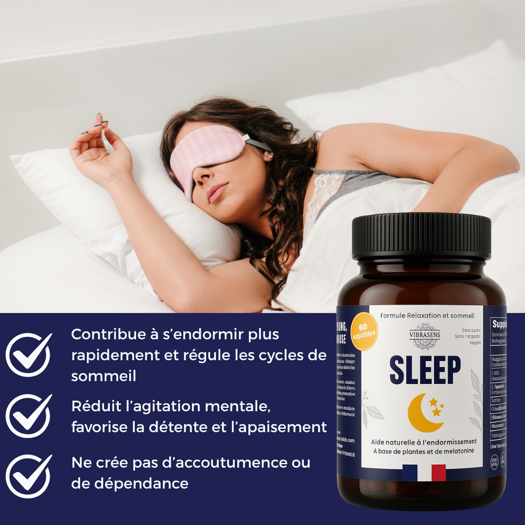 Woman sleeping with pink eye mask beside Vibrasens SLEEP natural sleep aid bottle on white bed