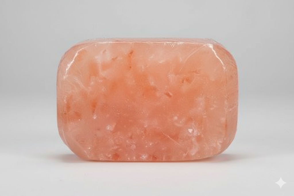 Rectangular natural pink Himalayan salt soap bar on a light gray background