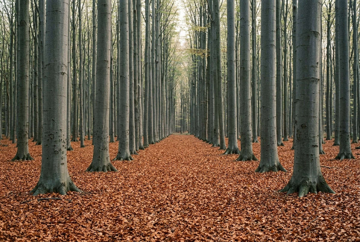 Hêtraie aux troncs gris et au sol nu, fleur de Bach Beech