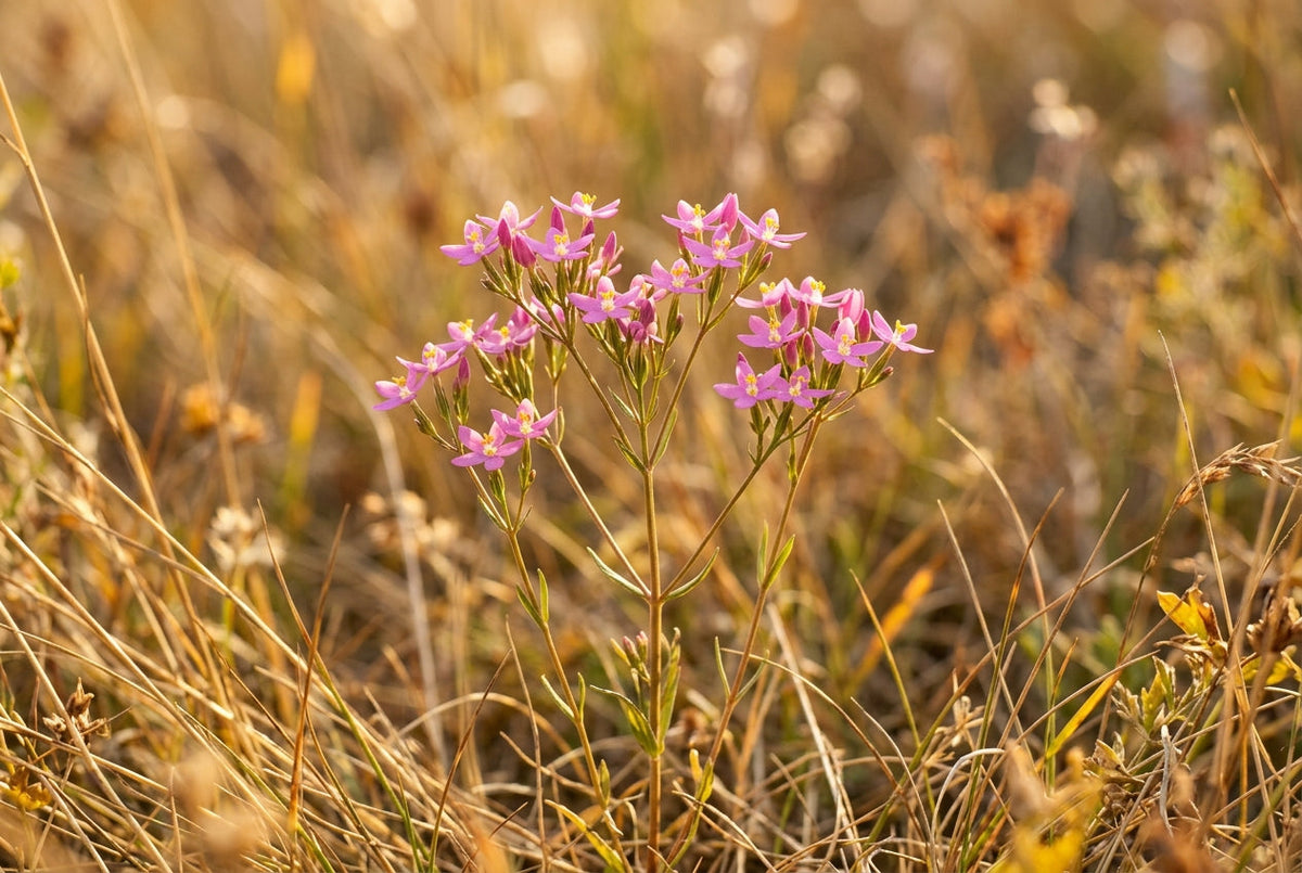 Petites fleurs roses de centaurée dans l’herbe sèche, fleur de Bach Centaury