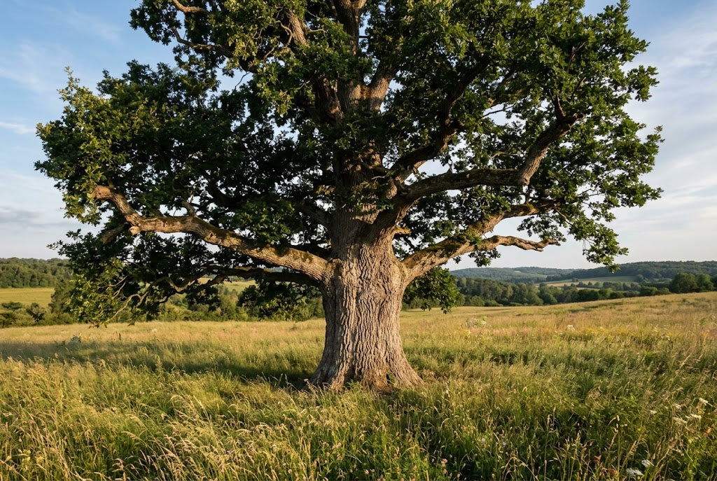 Chêne centenaire au tronc massif dans une lumière rasante
