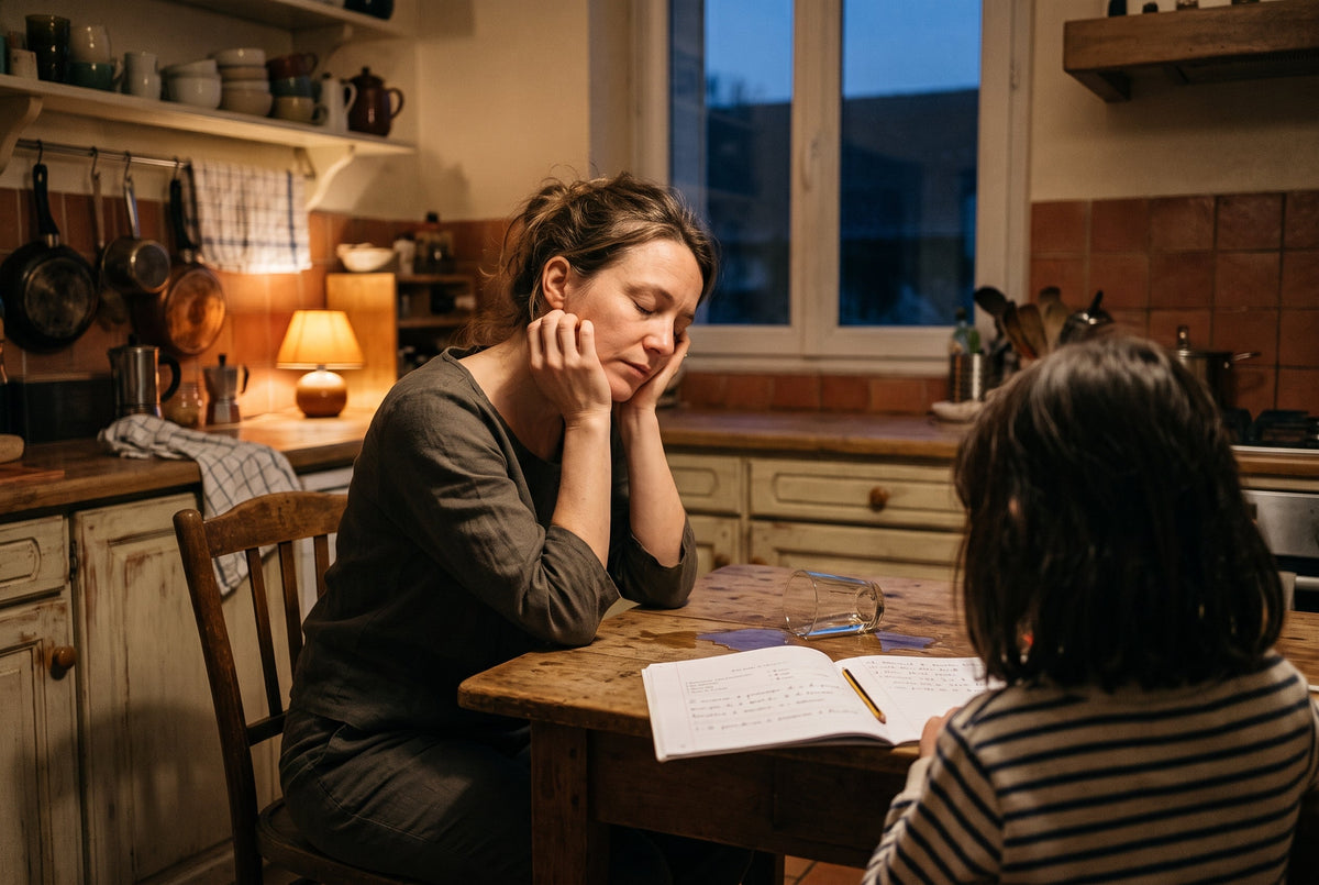 Mère et enfant à table le soir, gestion de la colère
