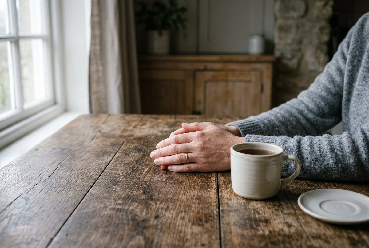 Main posée sur une table près d’une tasse, accompagnement du deuil