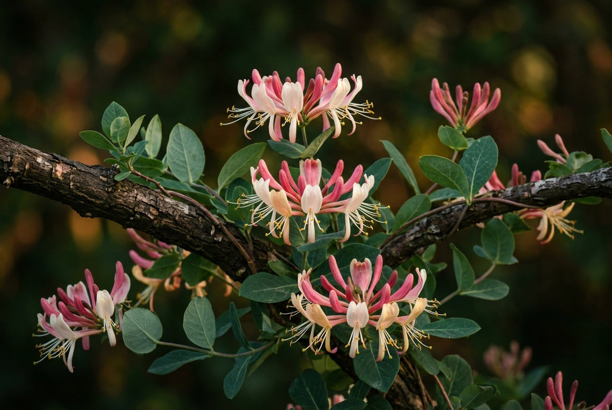 Fleurs de chèvrefeuille enroulées sur une branche, fleur de Bach Honeysuckle