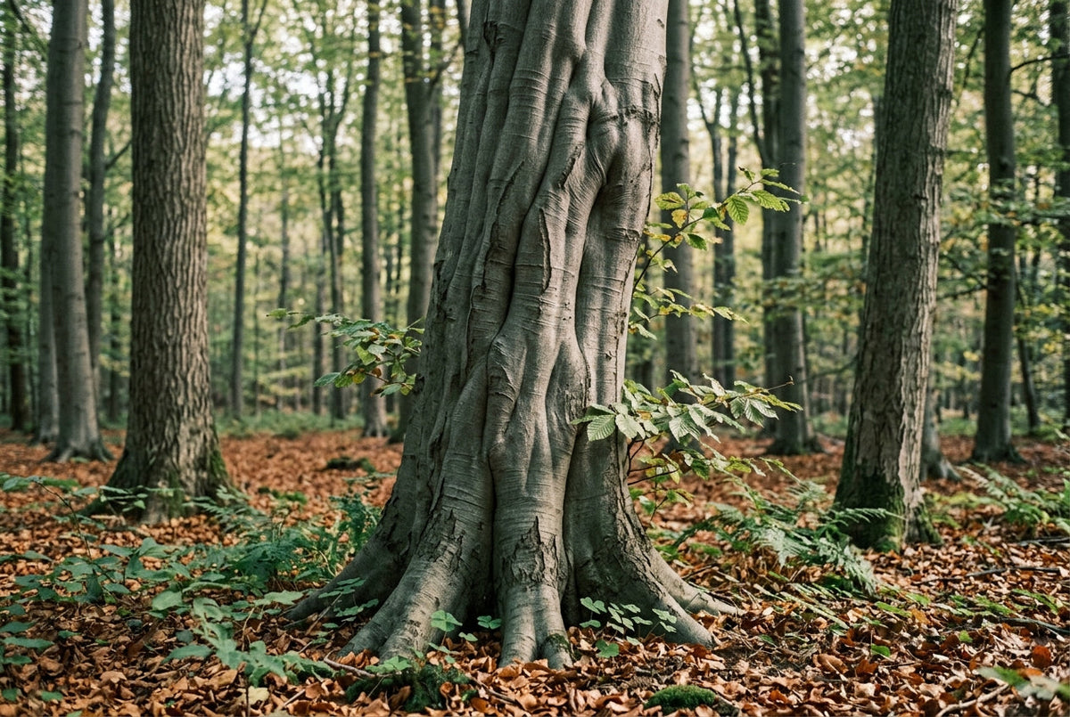 Tronc cannelé de charme en sous-bois, fleur de Bach Hornbeam