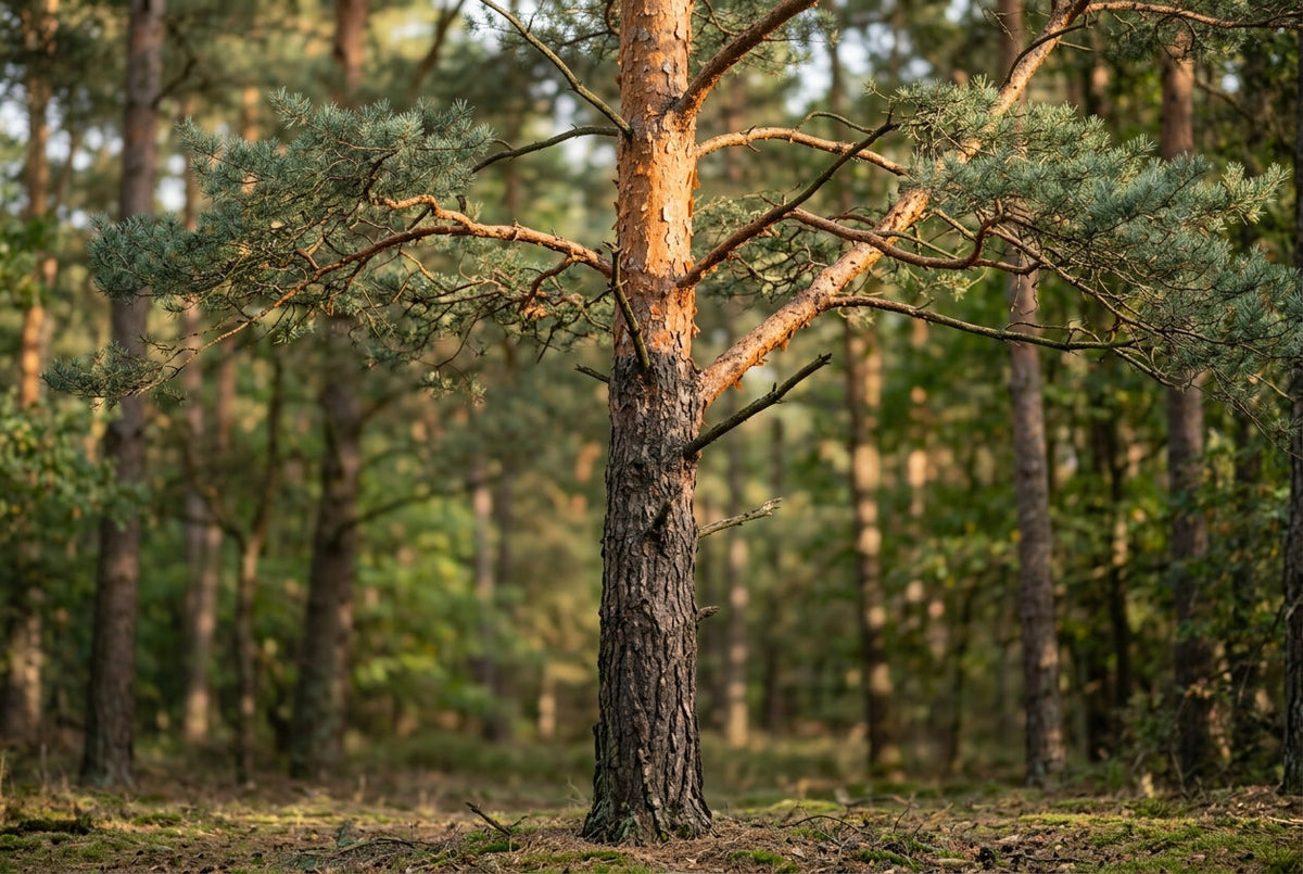 Tronc de pin sylvestre à l’écorce orangée, fleur de Bach Pine