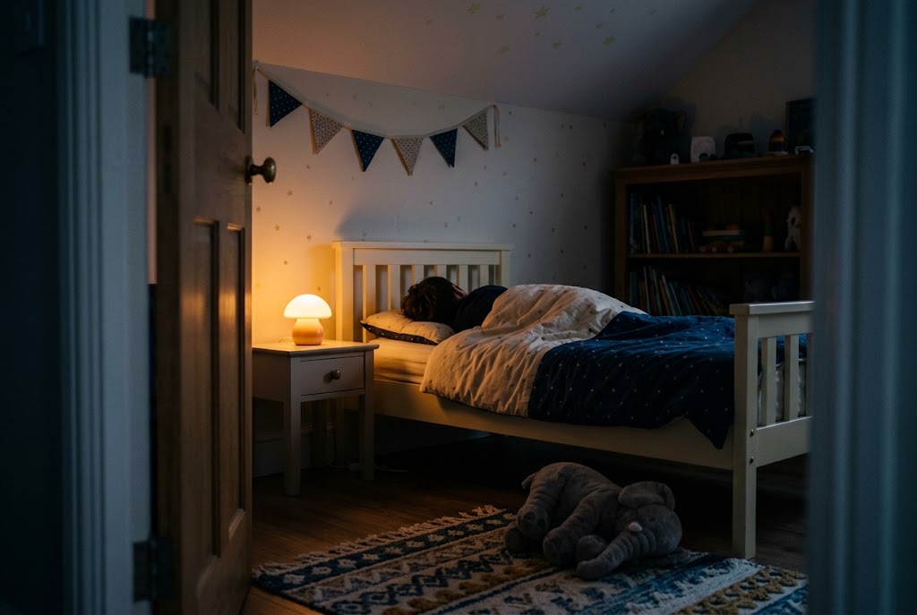 Enfant endormi dans une chambre avec une veilleuse douce
