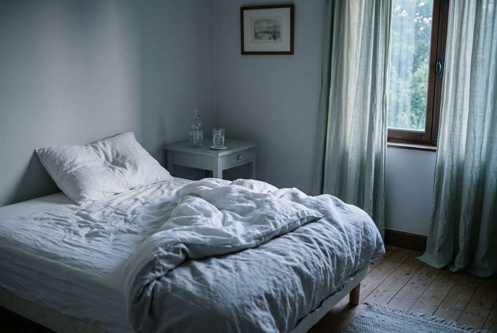 Chambre à coucher dans la pénombre au petit matin, sommeil Image