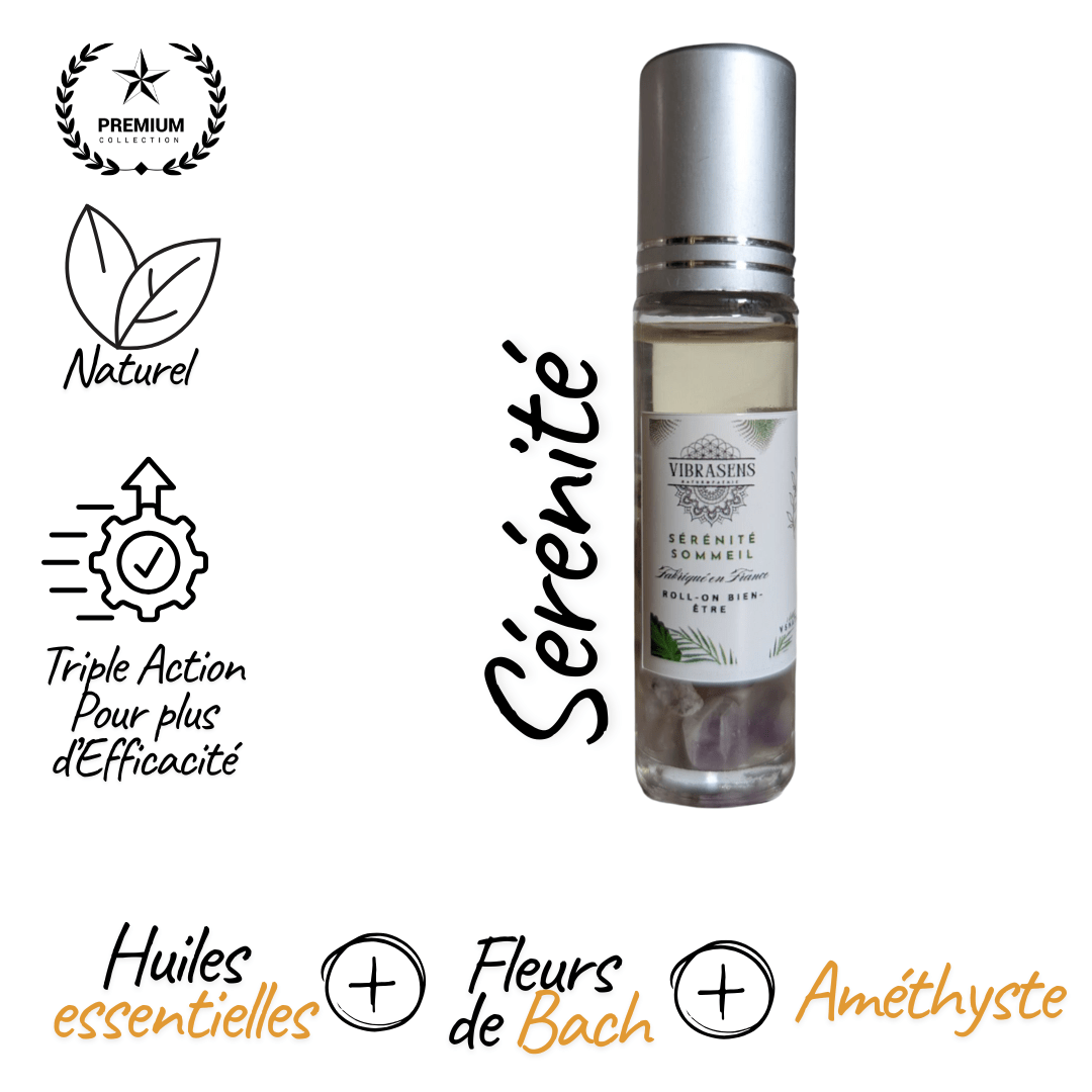 Roll-on Sérénité &amp; Sommeil – Fleurs de Bach, Huiles essentielles bio, Améthyste – 10 ml - Vibrasens Naturopathie