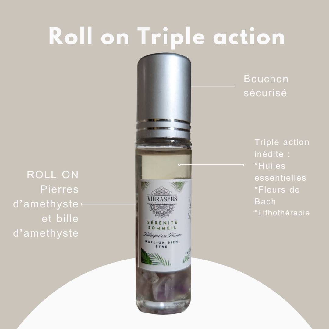 Roll-on Sérénité &amp; Sommeil – Fleurs de Bach, Huiles essentielles bio, Améthyste – 10 ml