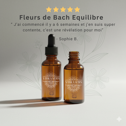 Two amber glass dropper bottles of Vibrasens Fleurs de Bach Equilibre natural remedy with floral background and a positive customer review