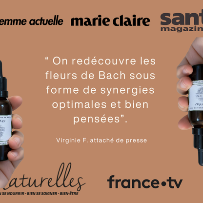 Hands holding Bach flower remedy bottles with a French testimonial about optimal synergies on a brown background