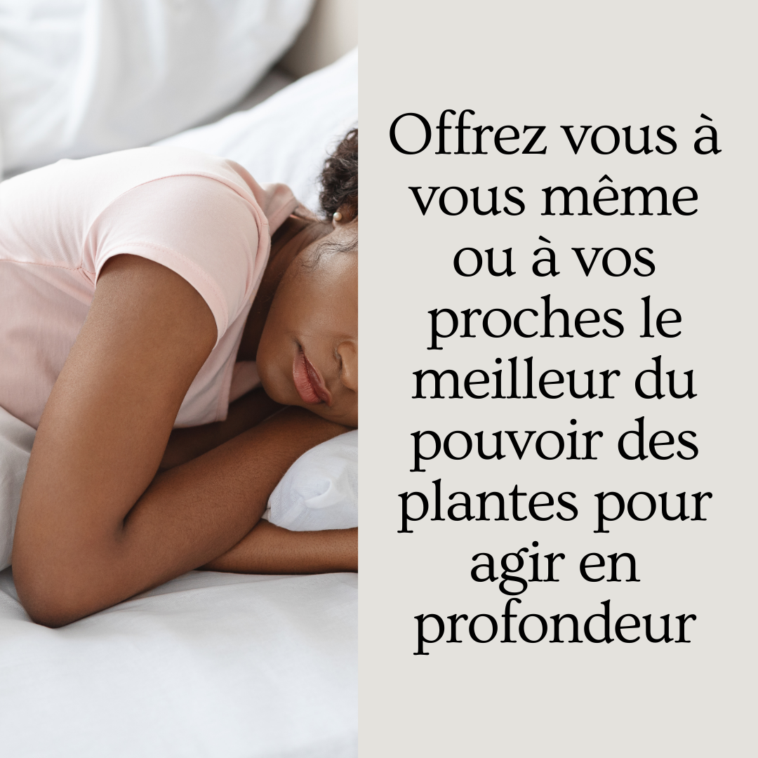 Woman resting peacefully in bed with text about the deep power of plant-based natural remedies