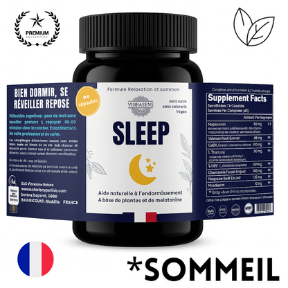 Vibrasens Sleep supplement bottle with natural plant and melatonin formula for relaxation and better sleep